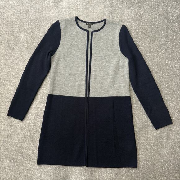 Talbots Sweater Womens Small Gray Navy Blue Merino Wool Open Front Cardigan - Picture 1 of 7